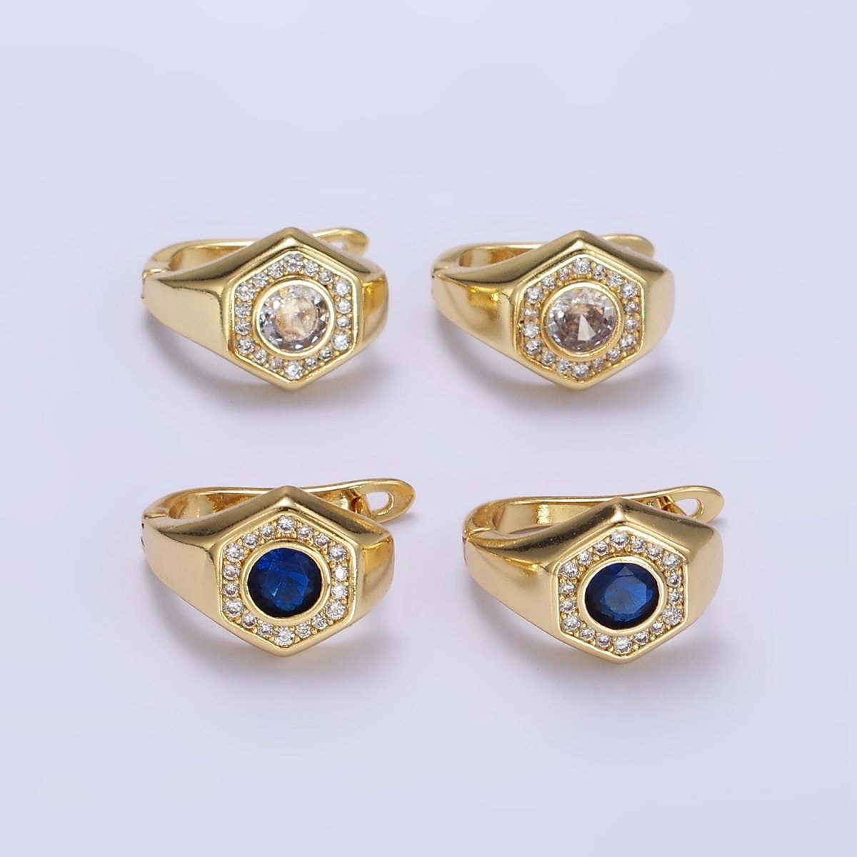 14K Gold Filled Clear, Blue CZ Micro Paved Hexagon English Lock Earrings | AB1178 AB1179