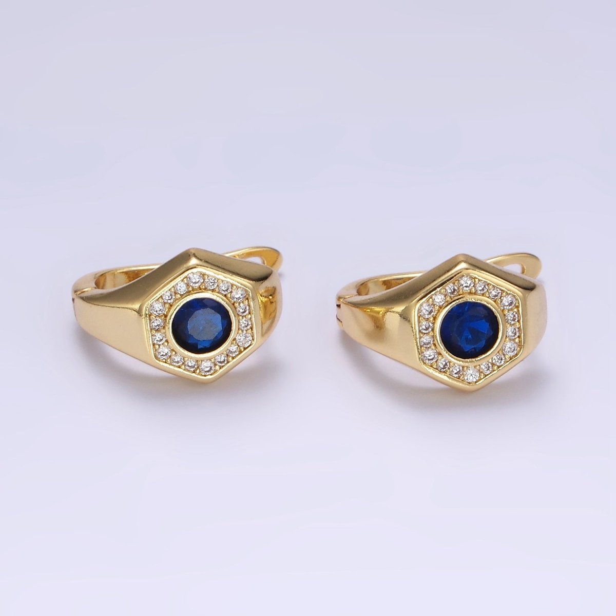 14K Gold Filled Clear, Blue CZ Micro Paved Hexagon English Lock Earrings | AB1178 AB1179