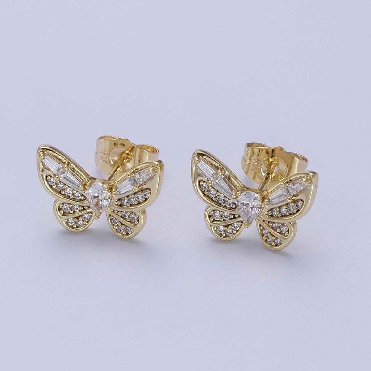 14K Gold Filled Clear Butterfly Mariposa Baguette Micro Paved Stud Earrings | V-014 - DLUXCA