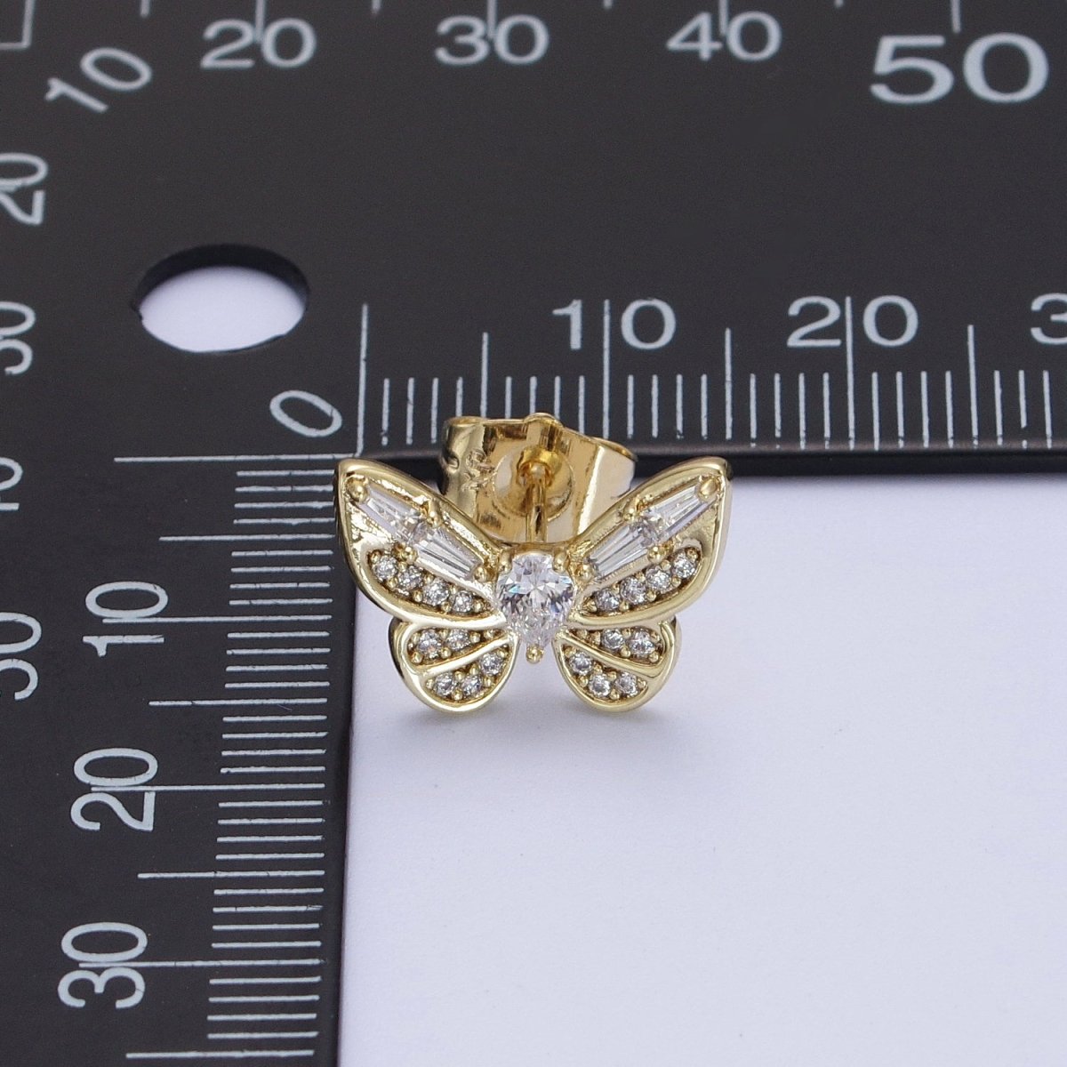 14K Gold Filled Clear Butterfly Mariposa Baguette Micro Paved Stud Earrings | V-014 - DLUXCA