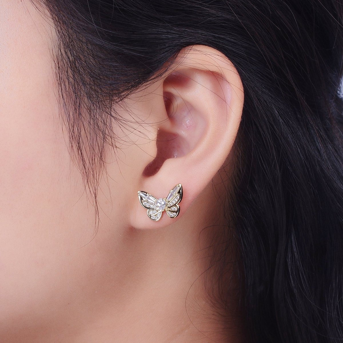14K Gold Filled Clear Butterfly Mariposa Baguette Micro Paved Stud Earrings | V-014 - DLUXCA