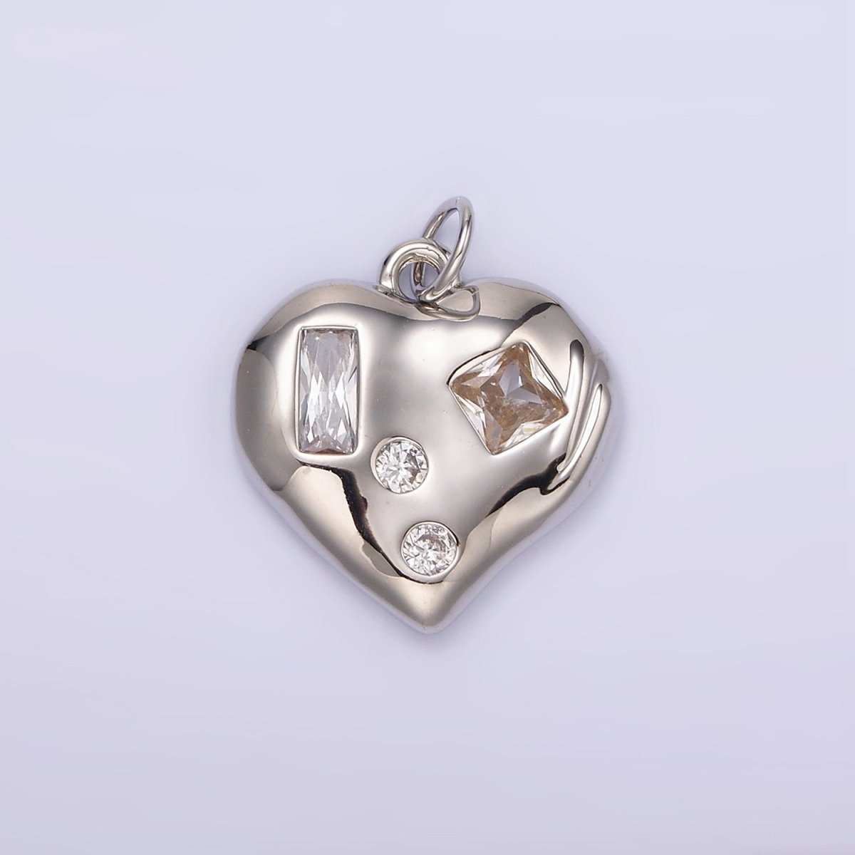 14K Gold Filled Clear CZ Baguette Dotted Molten Heart Charm in Gold & Silver | N1163 N1164