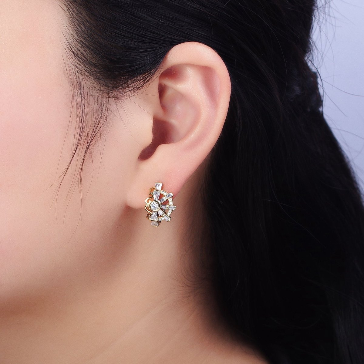 14K Gold Filled Clear CZ Baguette S Lined Geometric Huggie Earrings | AD1385 - DLUXCA