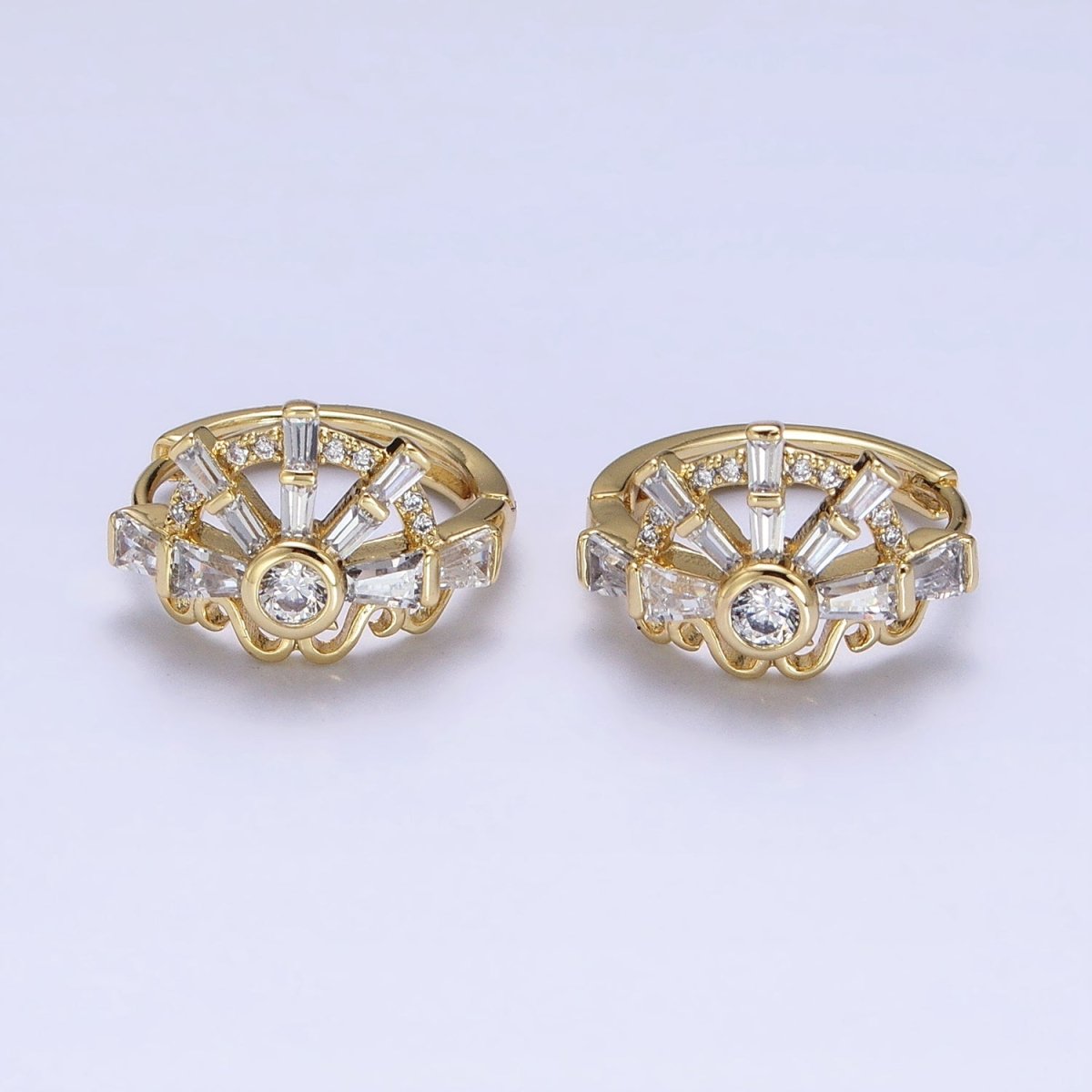 14K Gold Filled Clear CZ Baguette S Lined Geometric Huggie Earrings | AD1385 - DLUXCA