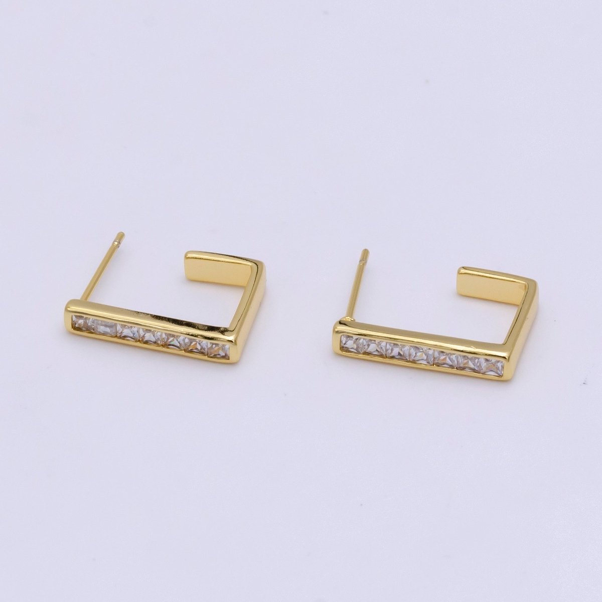 14K Gold Filled Clear CZ Baguette Square Lined J-Shaped Hoop Earrings | AE196 - DLUXCA