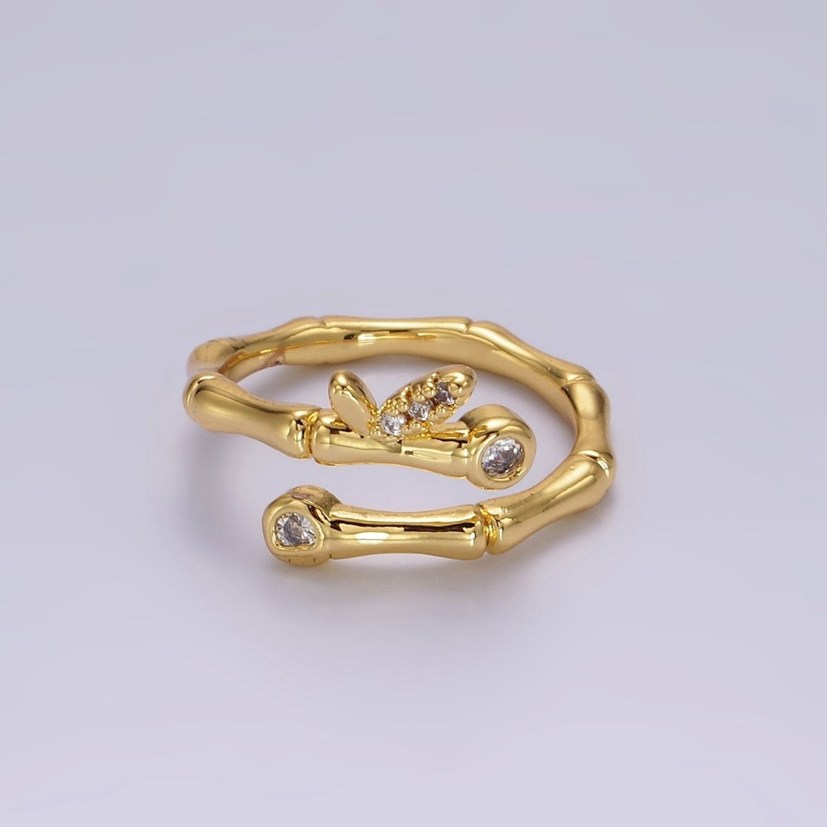 14K Gold Filled Clear CZ Bamboo Leaf Nature Wrap Ring | O1169 - DLUXCA