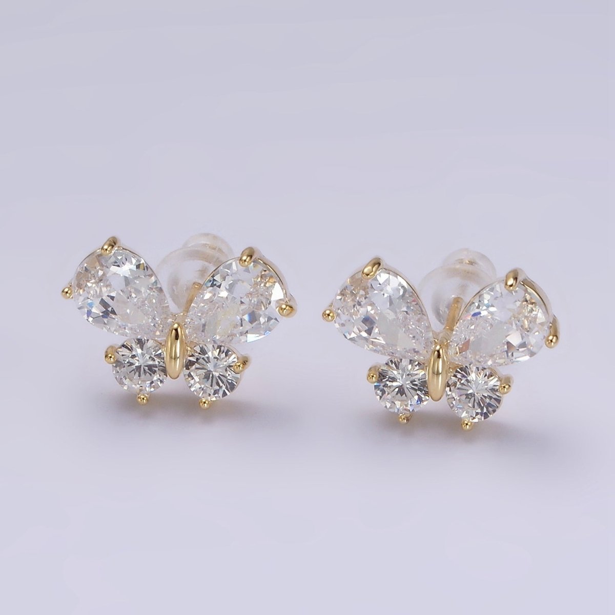 14K Gold Filled Clear CZ Butterfly Mariposa Stud Earrings in Gold & Silver | V278