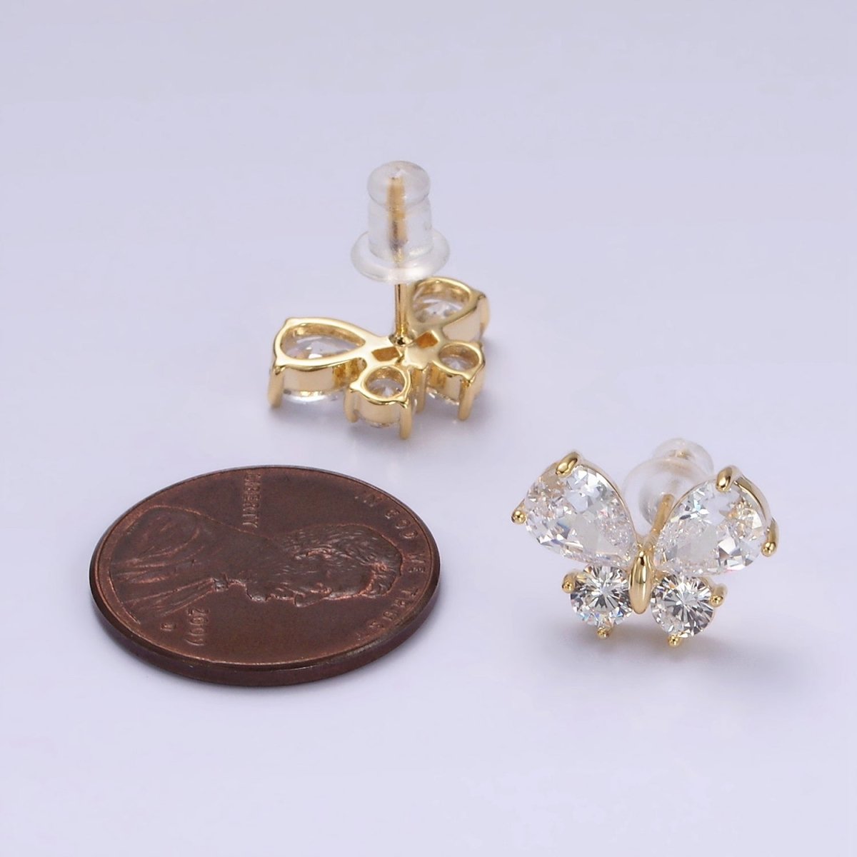 14K Gold Filled Clear CZ Butterfly Mariposa Stud Earrings in Gold & Silver | V278