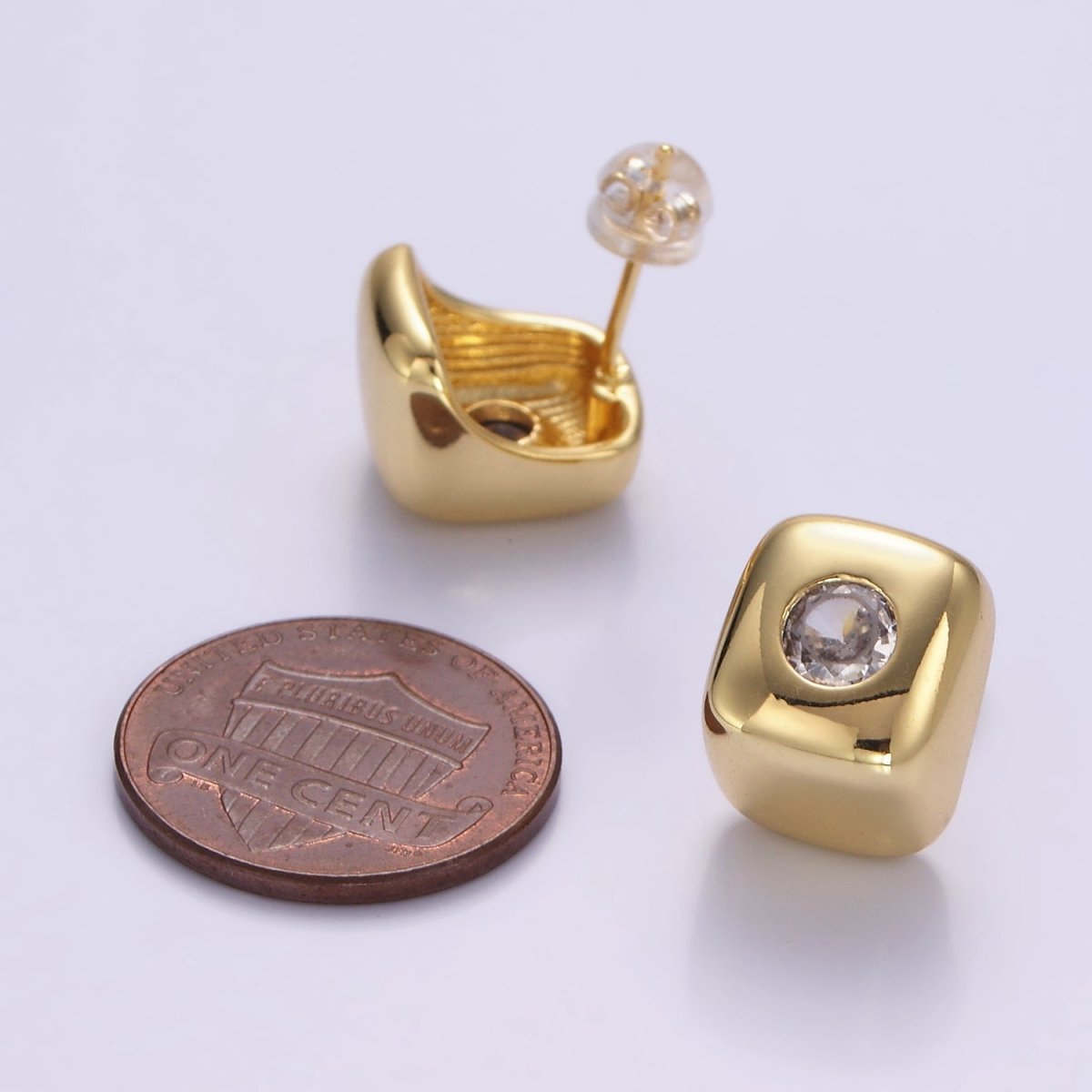 14K Gold Filled Clear CZ Cube J - Shaped Hoop Earrings | P513 - DLUXCA