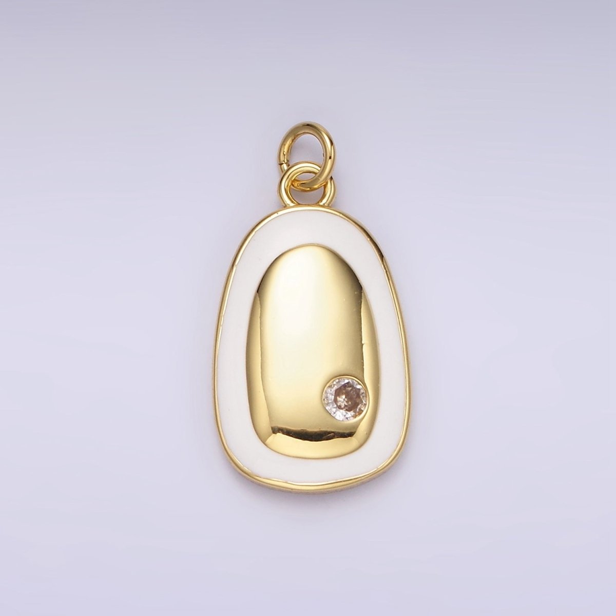 14K Gold Filled Clear CZ Dotted White Enamel Outline Oval Charm in Gold & Silver | N1529 N1530