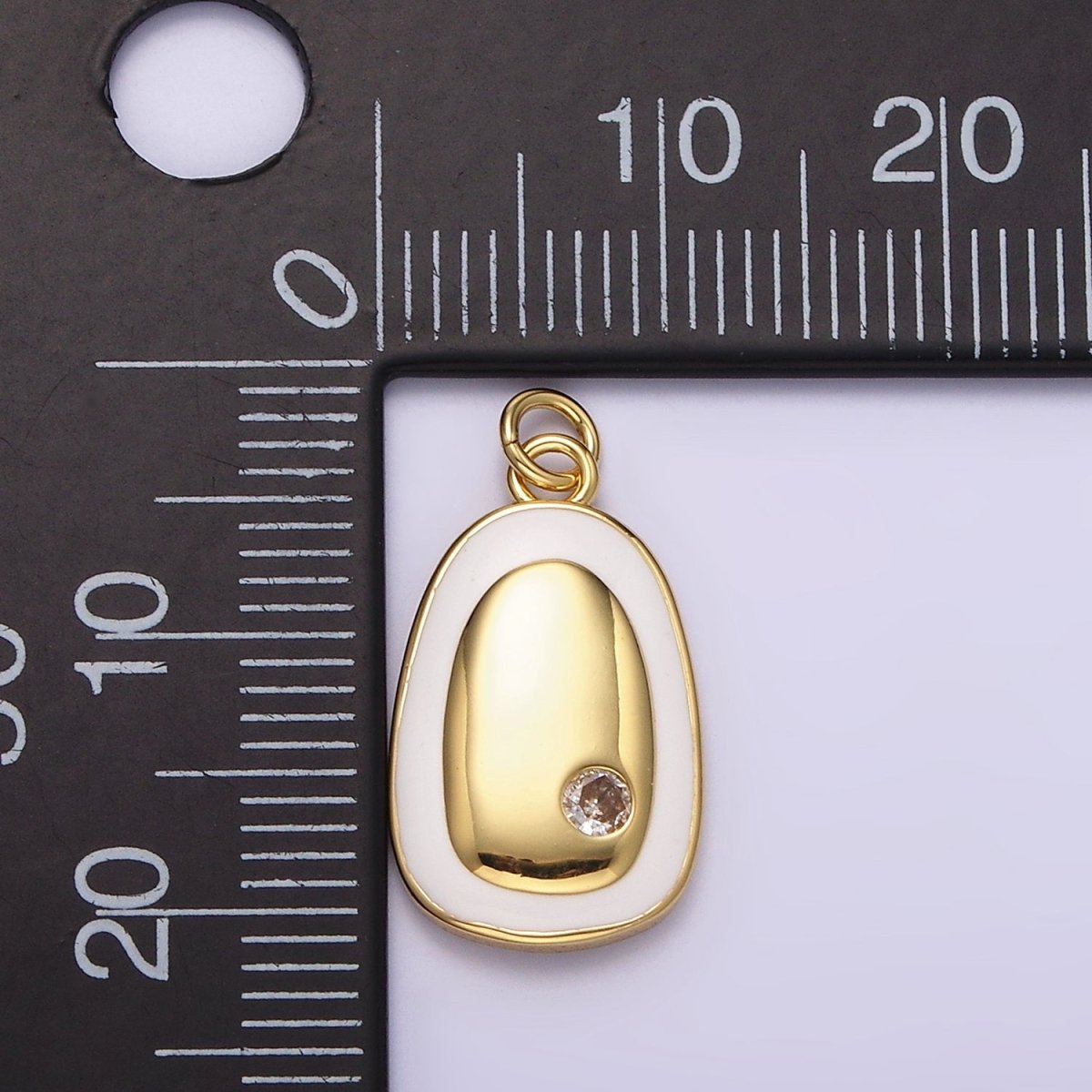 14K Gold Filled Clear CZ Dotted White Enamel Outline Oval Charm in Gold & Silver | N1529 N1530