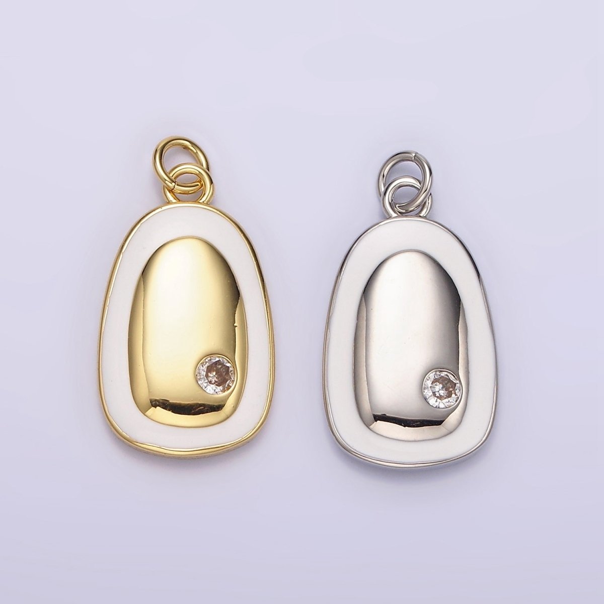 14K Gold Filled Clear CZ Dotted White Enamel Outline Oval Charm in Gold & Silver | N1529 N1530
