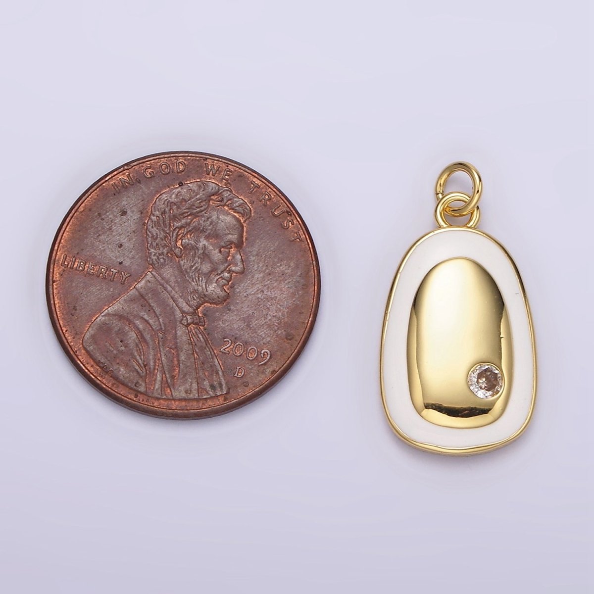 14K Gold Filled Clear CZ Dotted White Enamel Outline Oval Charm in Gold & Silver | N1529 N1530