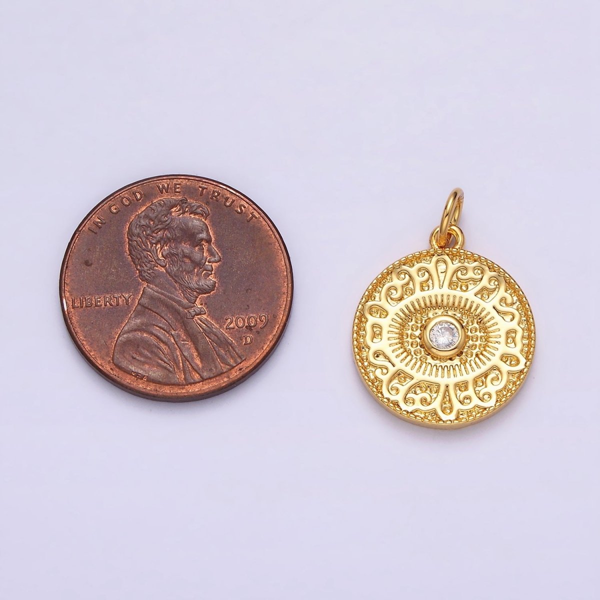 14K Gold Filled Clear CZ Evil Eye Artisan Textured Round Charm | AC1299 - DLUXCA