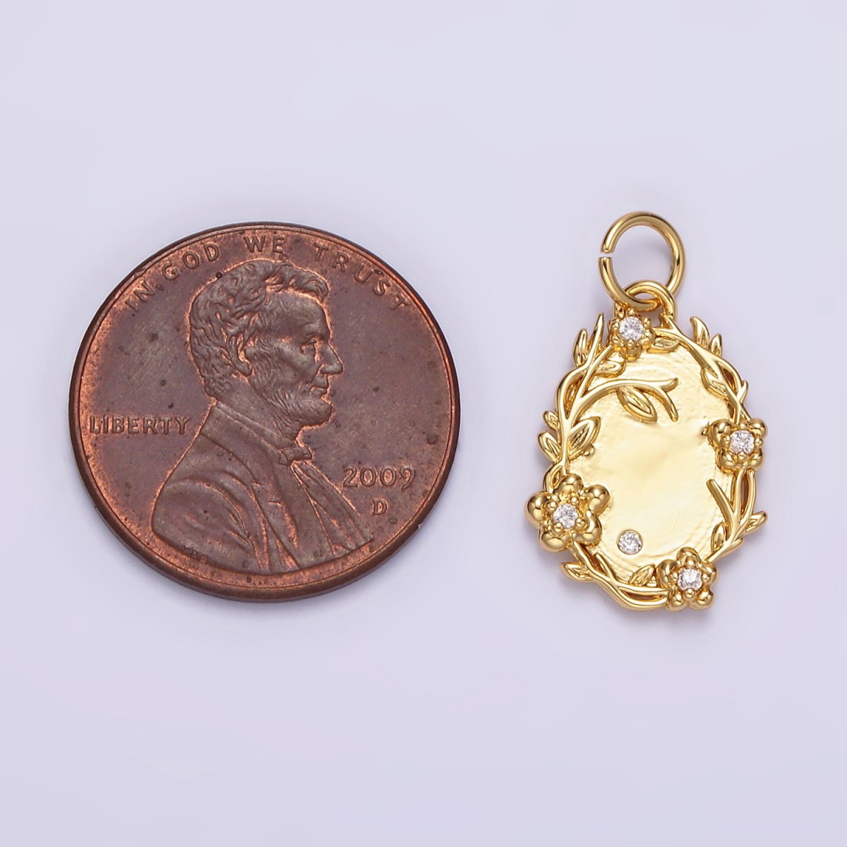 14K Gold Filled Clear CZ Flower Leaf Vine Nature Oval Charm in Gold & Silver | N1504 N1505