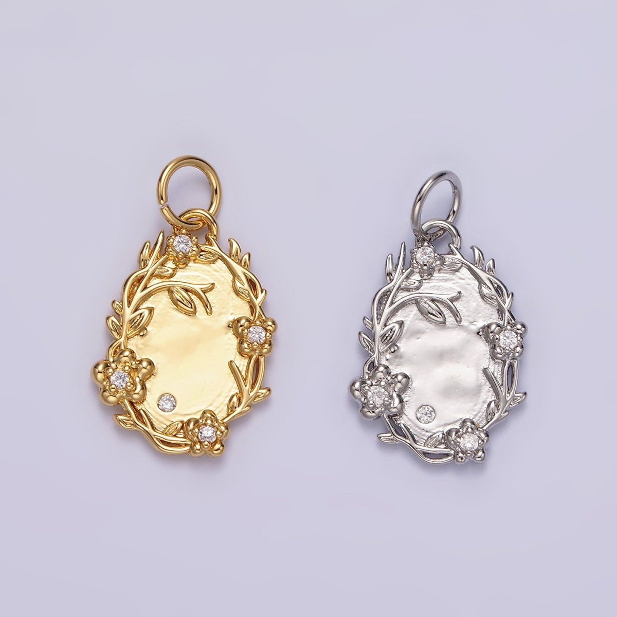 14K Gold Filled Clear CZ Flower Leaf Vine Nature Oval Charm in Gold & Silver | N1504 N1505