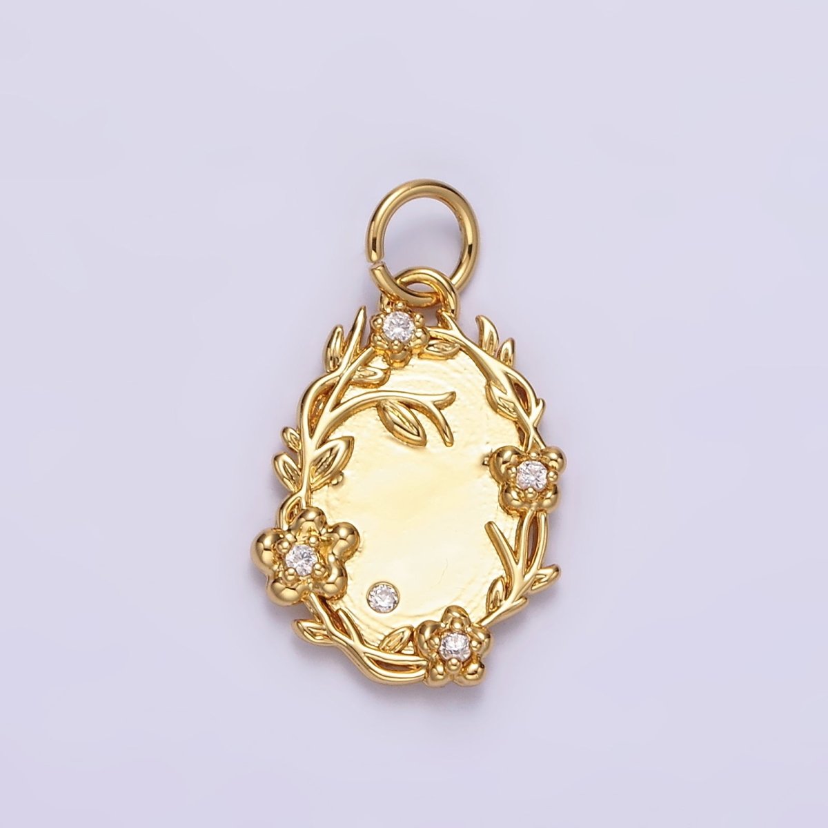 14K Gold Filled Clear CZ Flower Leaf Vine Nature Oval Charm in Gold & Silver | N1504 N1505
