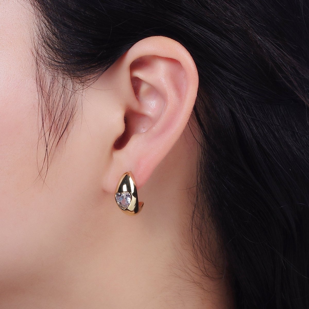 14K Gold Filled Clear CZ Heart Chubby C-Shaped Hoop Earrings in Gold & Silver | AE854 AE855