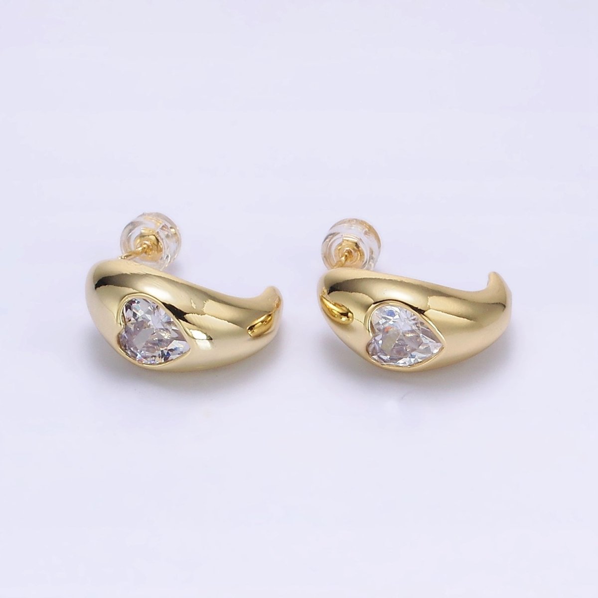 14K Gold Filled Clear CZ Heart Chubby C-Shaped Hoop Earrings in Gold & Silver | AE854 AE855