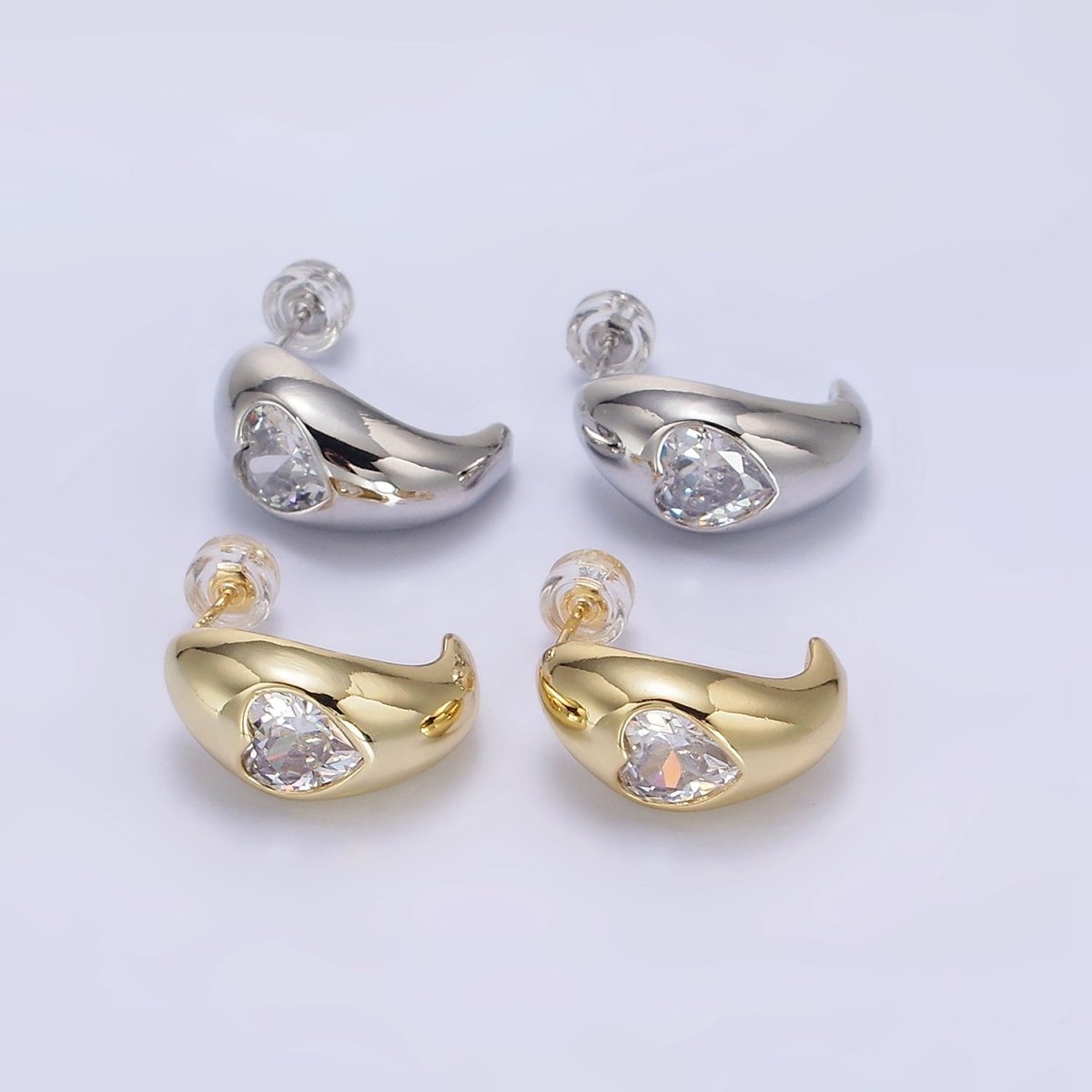 14K Gold Filled Clear CZ Heart Chubby C-Shaped Hoop Earrings in Gold & Silver | AE854 AE855