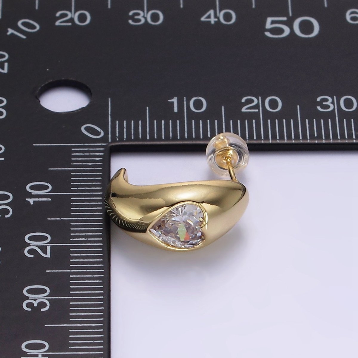 14K Gold Filled Clear CZ Heart Chubby C-Shaped Hoop Earrings in Gold & Silver | AE854 AE855