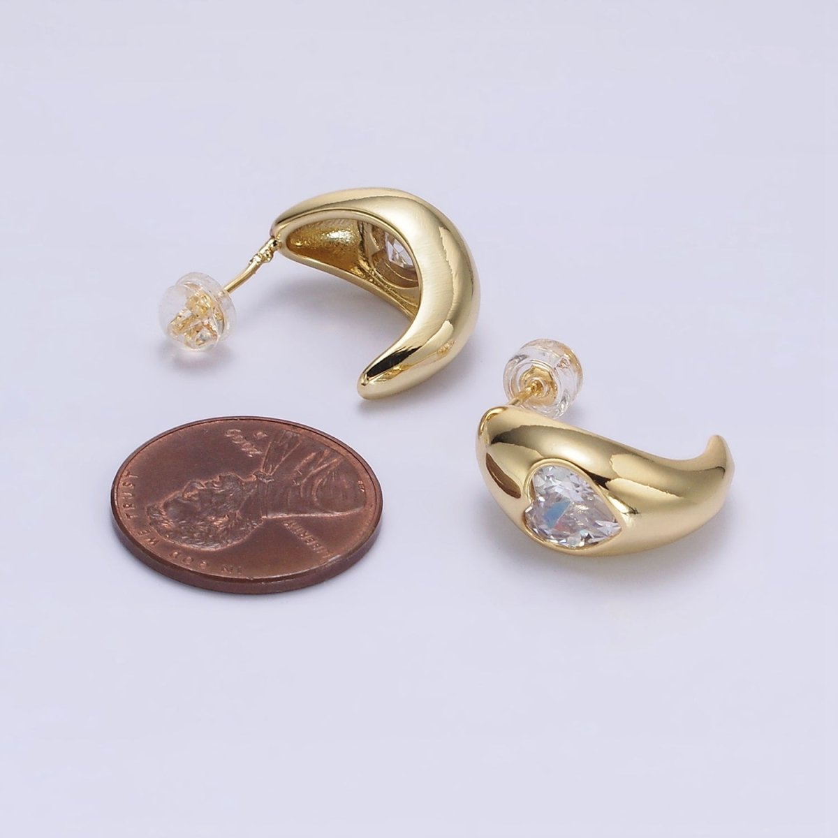 14K Gold Filled Clear CZ Heart Chubby C-Shaped Hoop Earrings in Gold & Silver | AE854 AE855