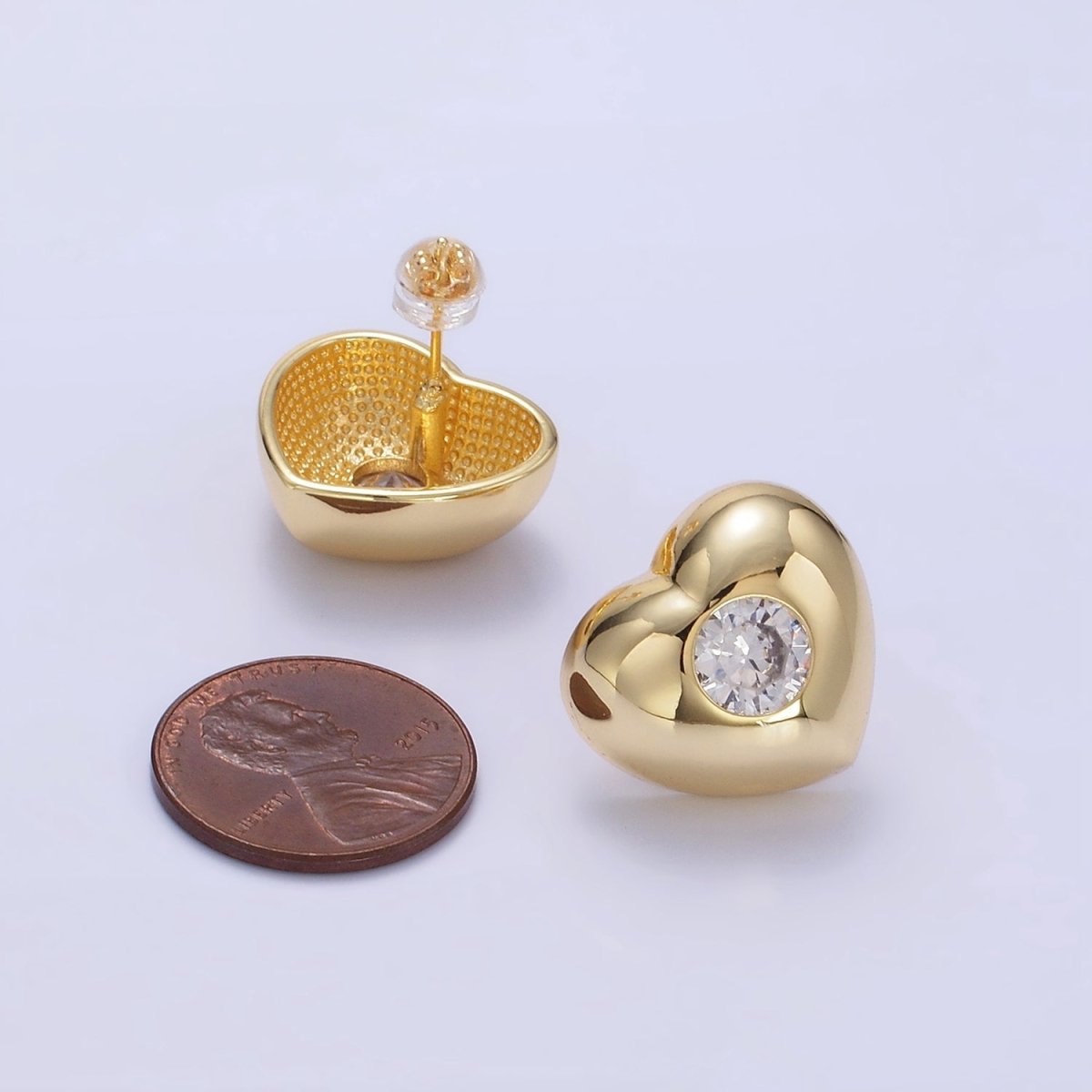 14K Gold Filled Clear CZ Heart Dome Stud Earrings in Gold & Silver | T098 T099
