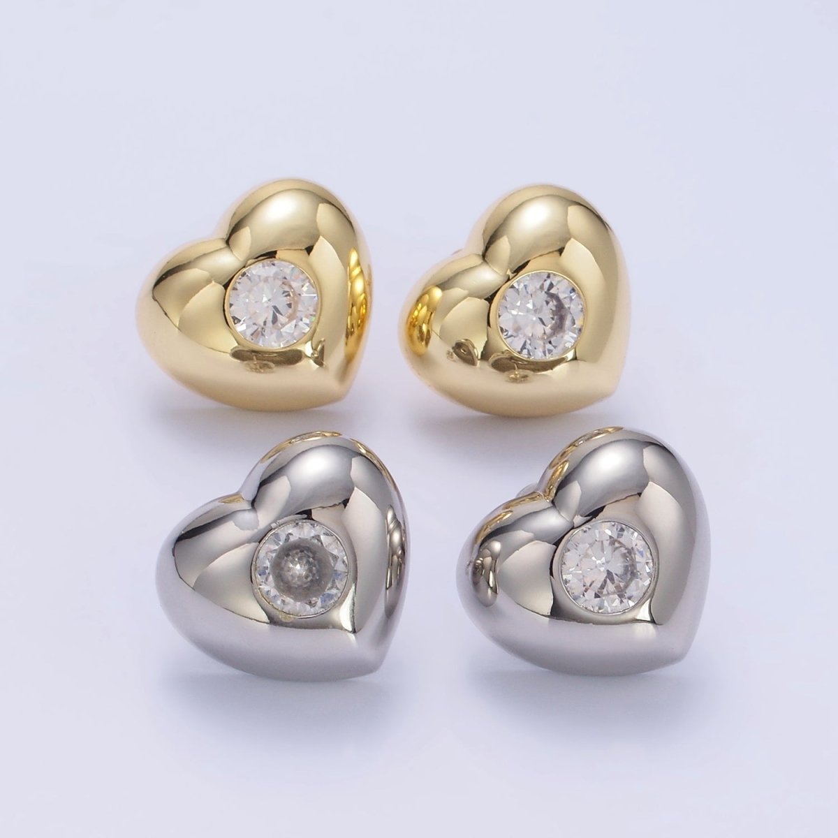 14K Gold Filled Clear CZ Heart Dome Stud Earrings in Gold & Silver | T098 T099
