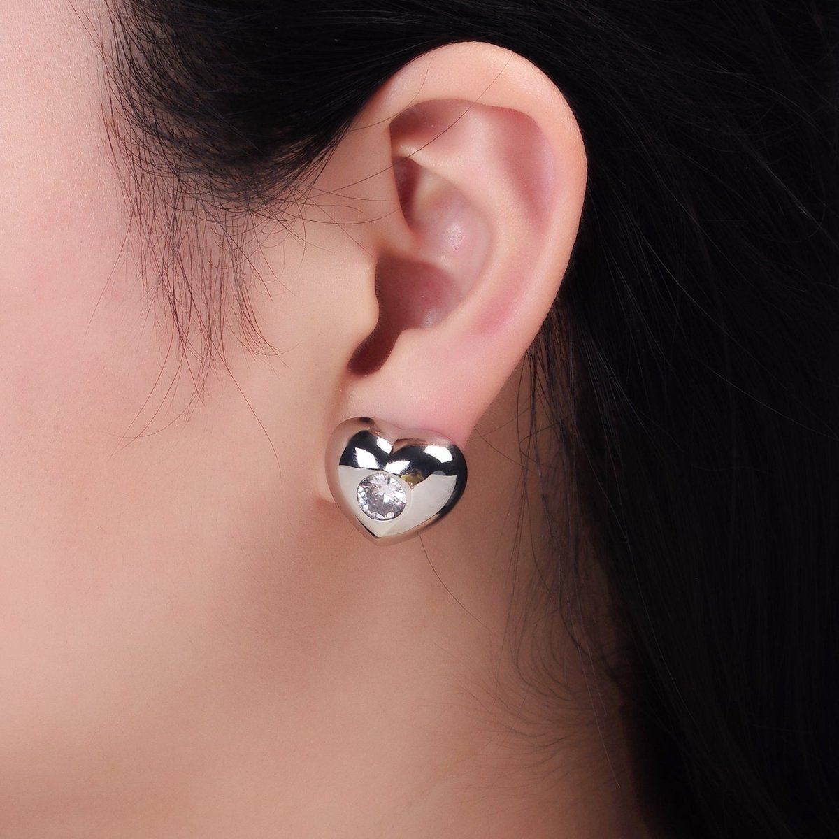 14K Gold Filled Clear CZ Heart Dome Stud Earrings in Gold & Silver | T098 T099