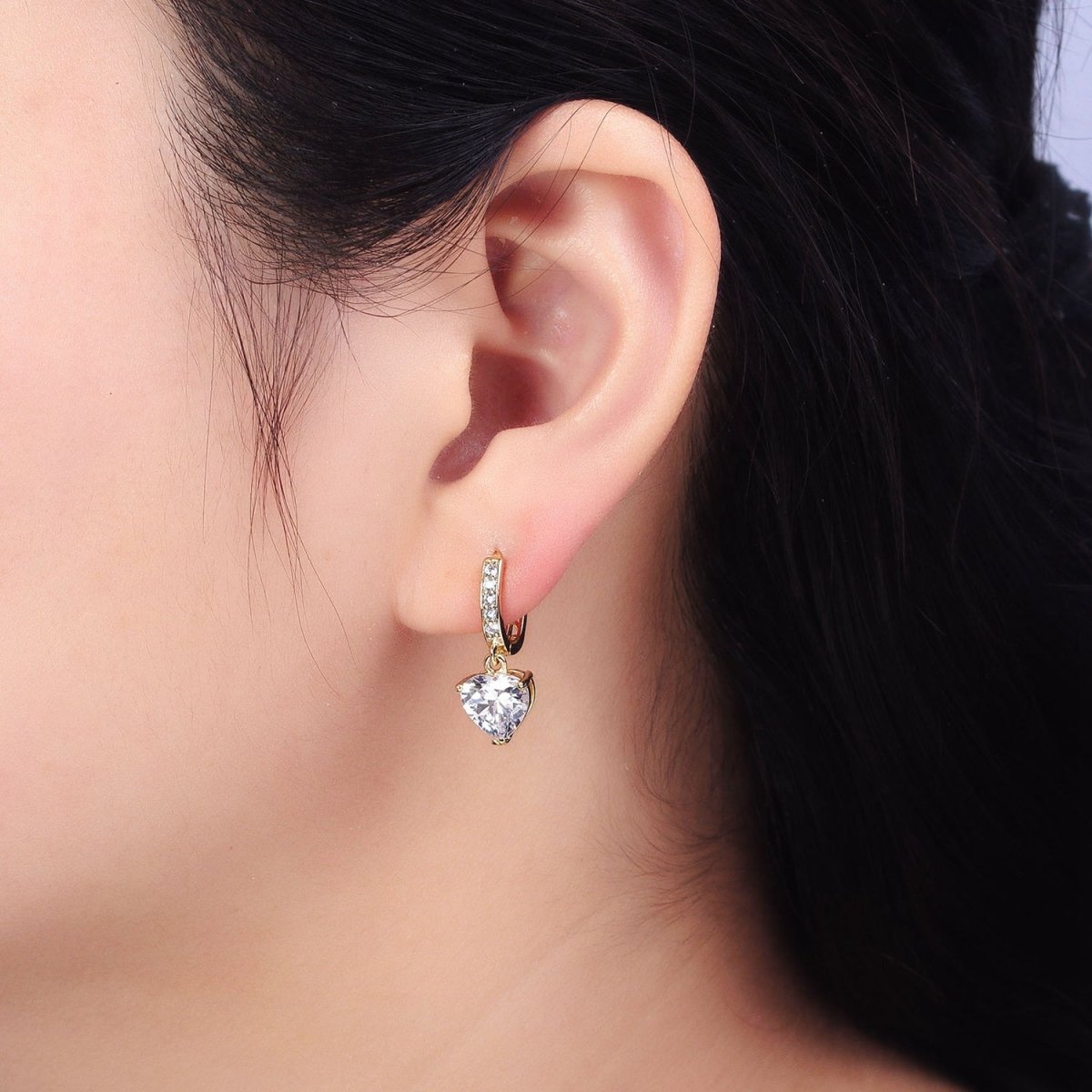 14K Gold Filled Clear CZ Heart Drop Micro Paved Oblong Hoop Earrings | AD1436 - DLUXCA
