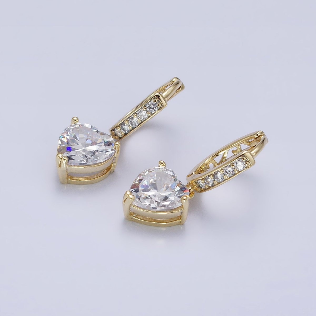 14K Gold Filled Clear CZ Heart Drop Micro Paved Oblong Hoop Earrings | AD1436 - DLUXCA