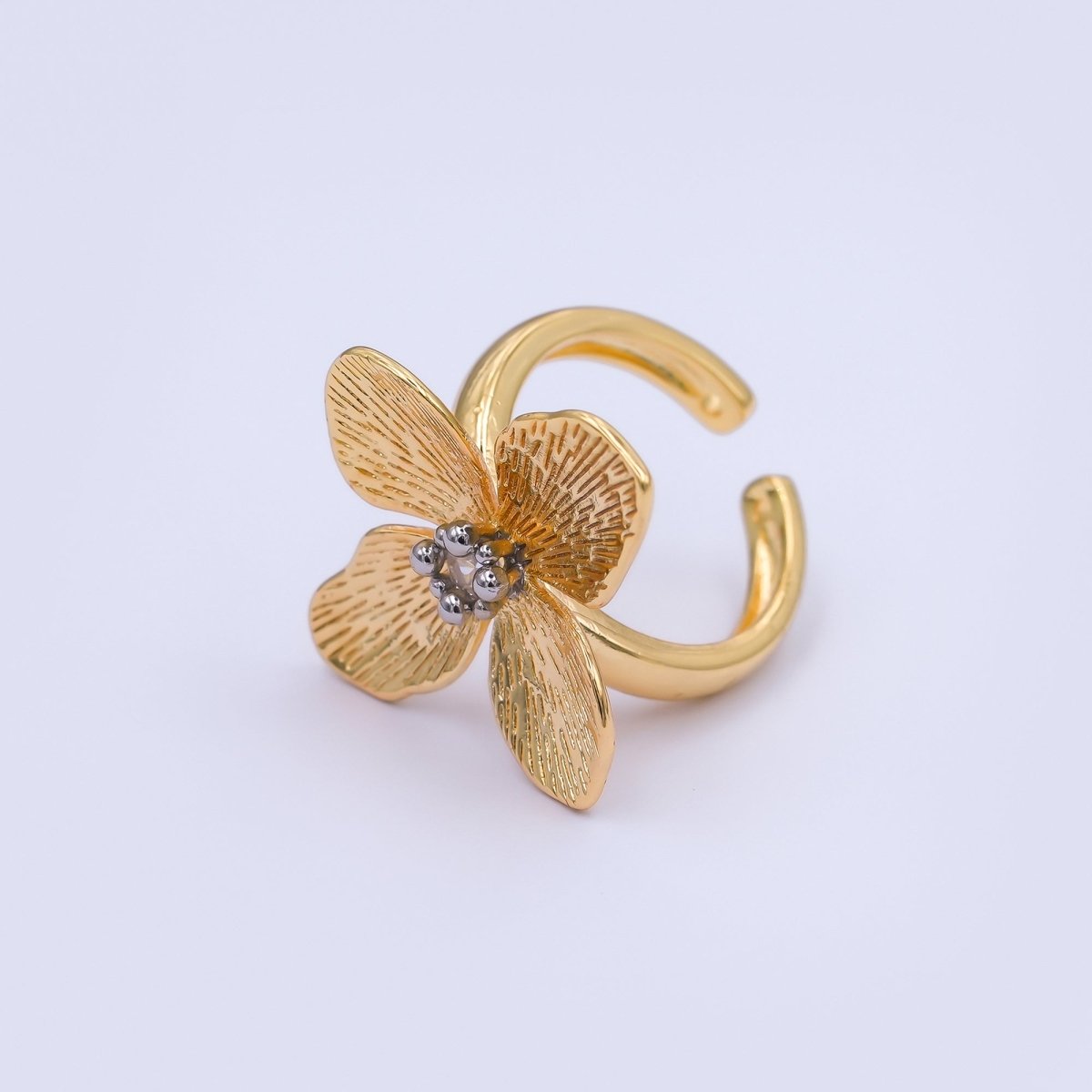 14K Gold Filled Clear CZ Line - Textured Flower Ring | O996 - DLUXCA