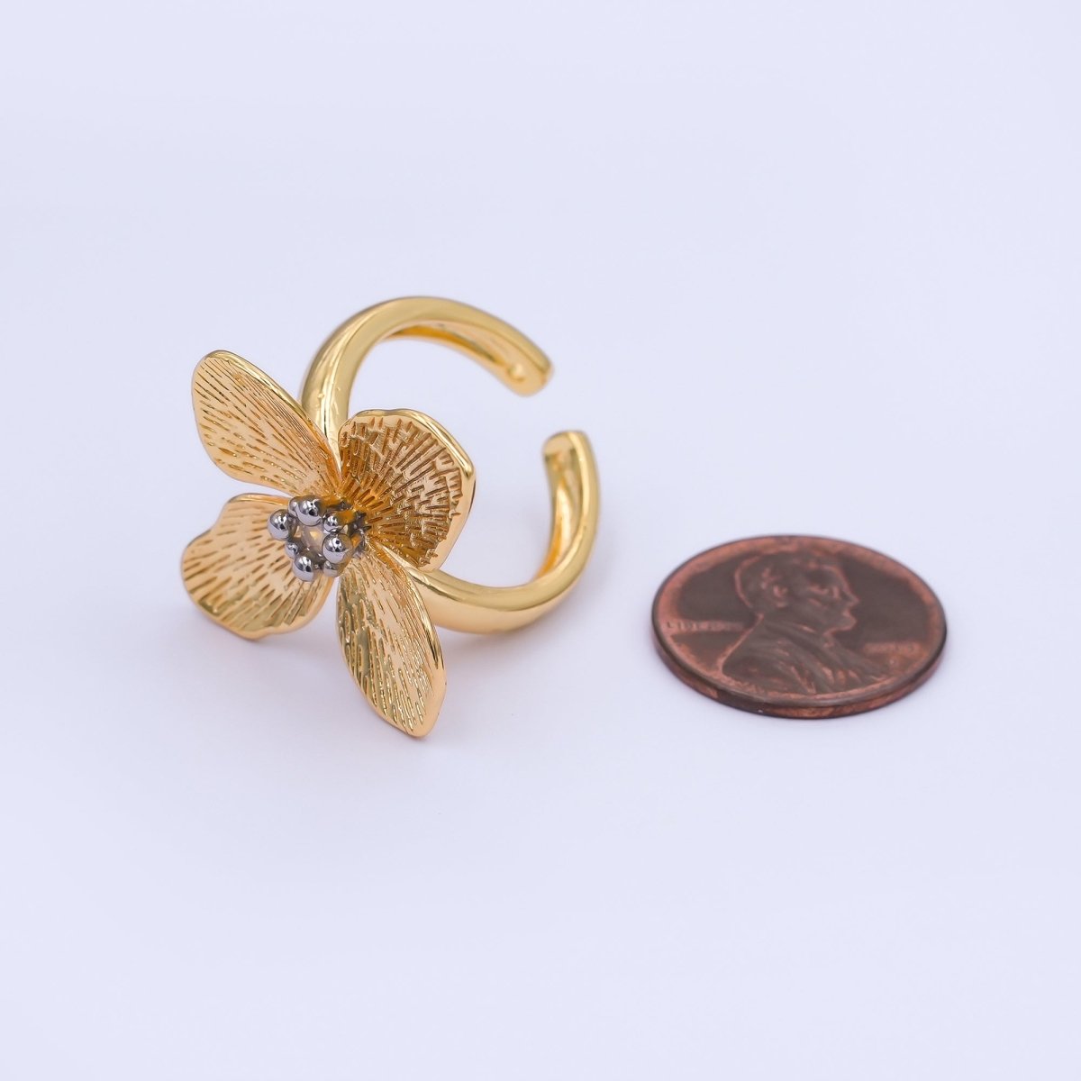 14K Gold Filled Clear CZ Line - Textured Flower Ring | O996 - DLUXCA