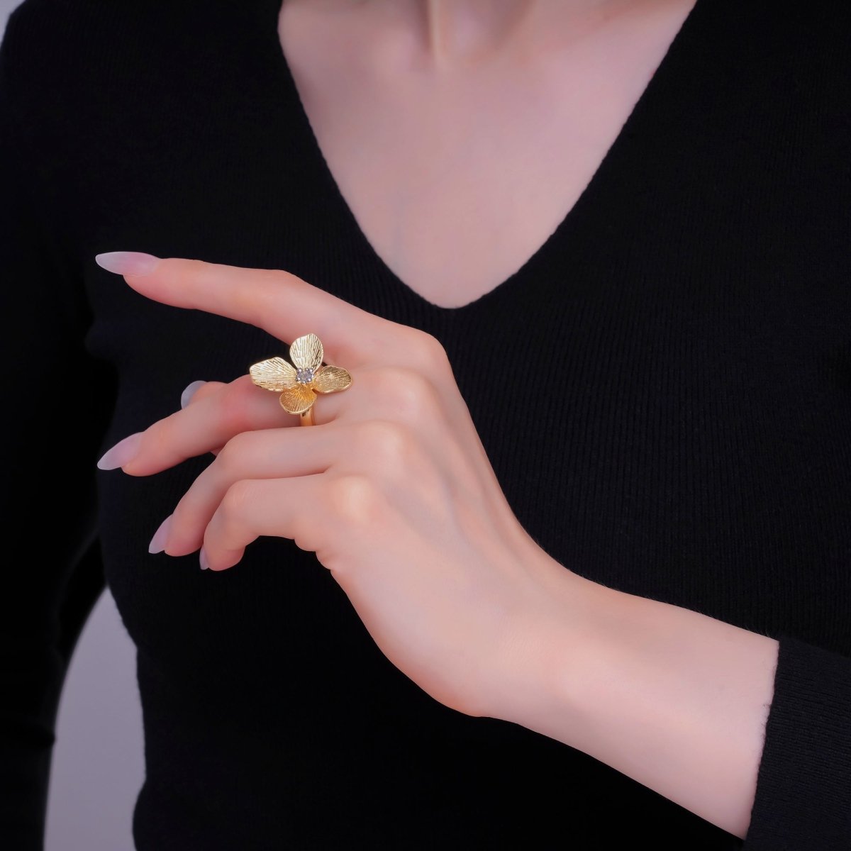 14K Gold Filled Clear CZ Line - Textured Flower Ring | O996 - DLUXCA