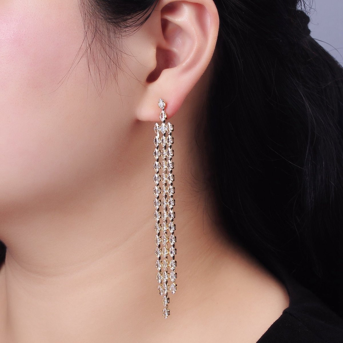 14K Gold Filled Clear CZ Marquise Triple Lined Drop Stud Earrings in Gold & Silver | AE505 AE506