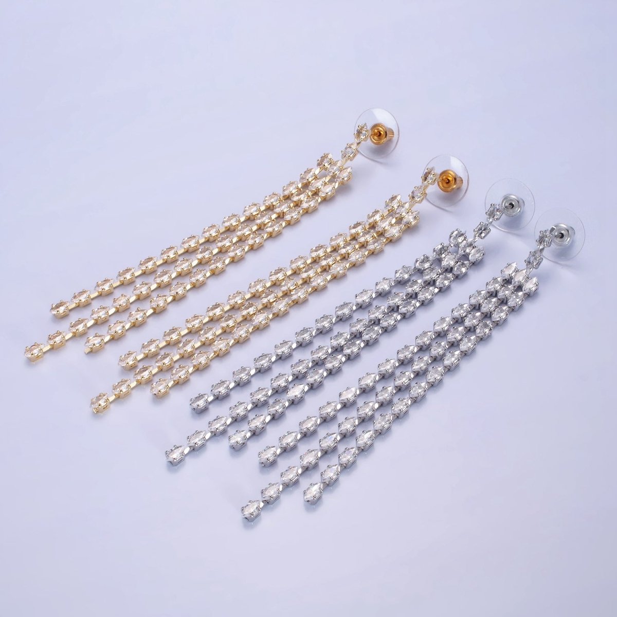 14K Gold Filled Clear CZ Marquise Triple Lined Drop Stud Earrings in Gold & Silver | AE505 AE506