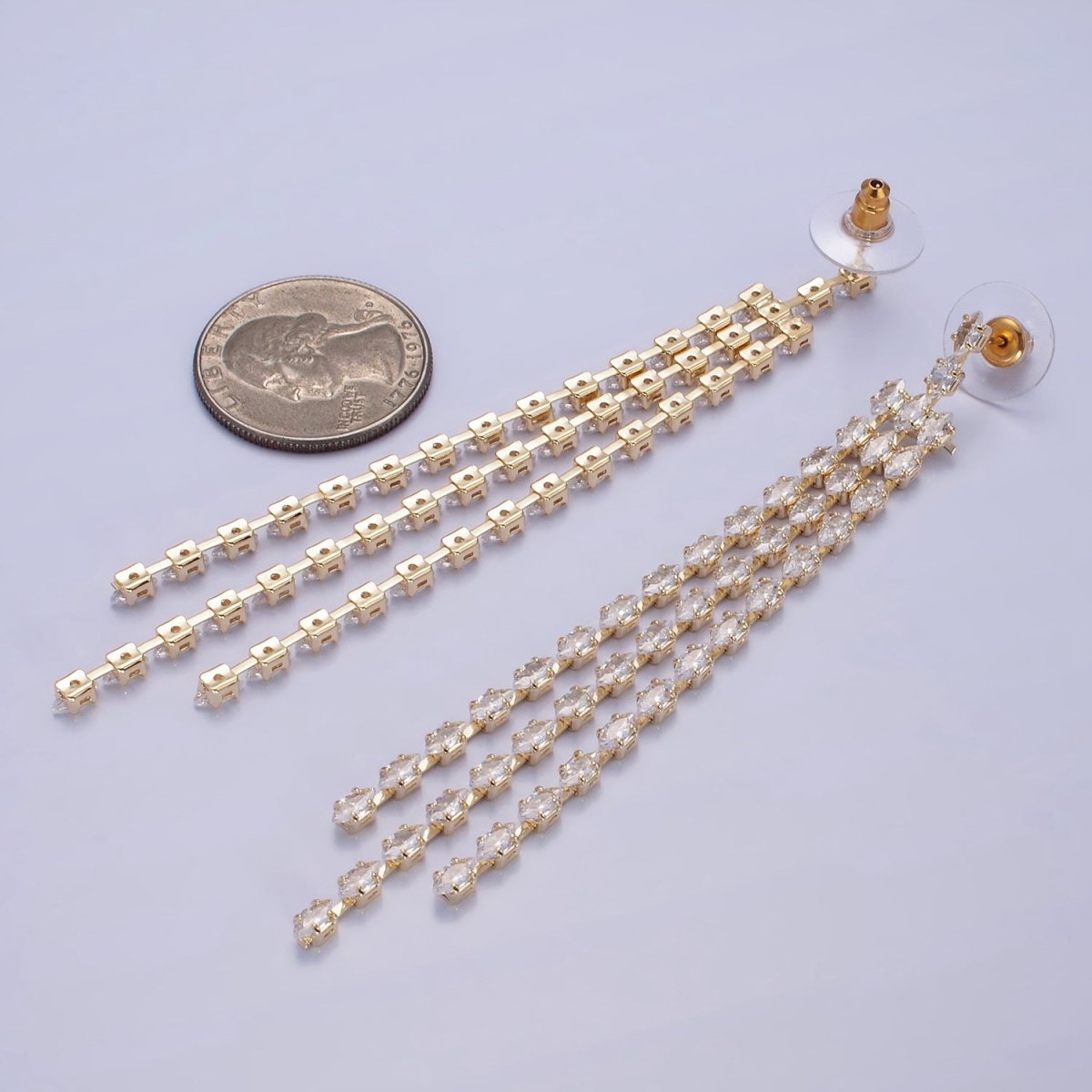 14K Gold Filled Clear CZ Marquise Triple Lined Drop Stud Earrings in Gold & Silver | AE505 AE506