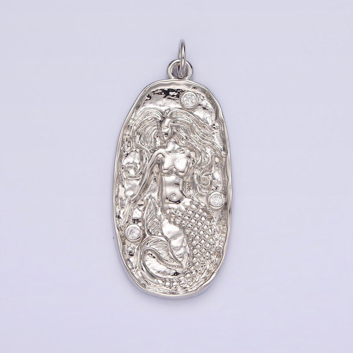 14K Gold Filled Clear CZ Mermaid Hammered Oval Charm in Gold & Silver | N1106 N1107