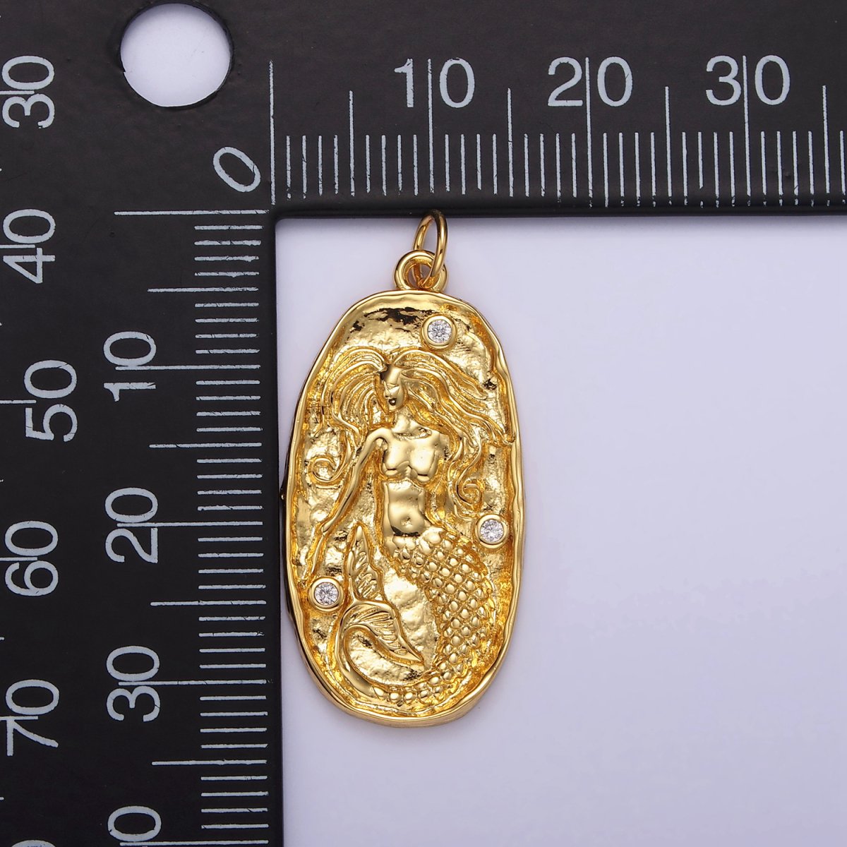 14K Gold Filled Clear CZ Mermaid Hammered Oval Charm in Gold & Silver | N1106 N1107