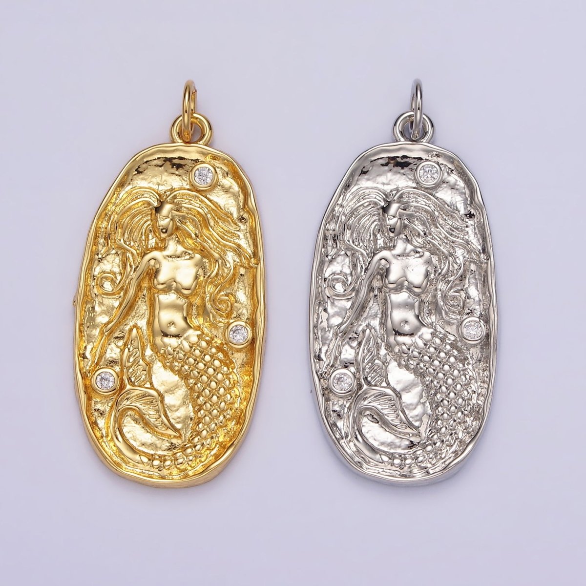14K Gold Filled Clear CZ Mermaid Hammered Oval Charm in Gold & Silver | N1106 N1107