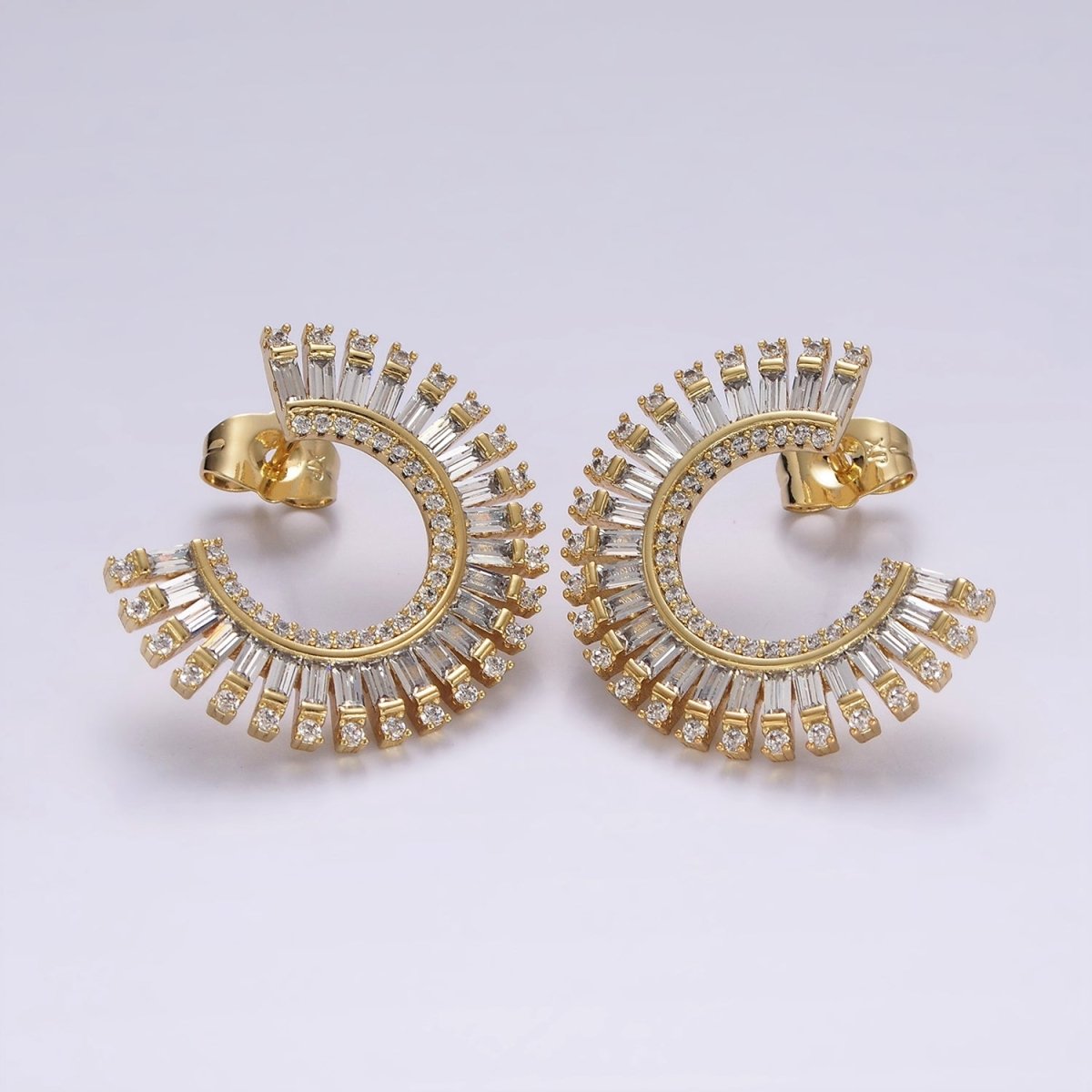 14K Gold Filled Clear CZ Micro Paved Baguette Circular Stud Earrings Set | AE403 - DLUXCA