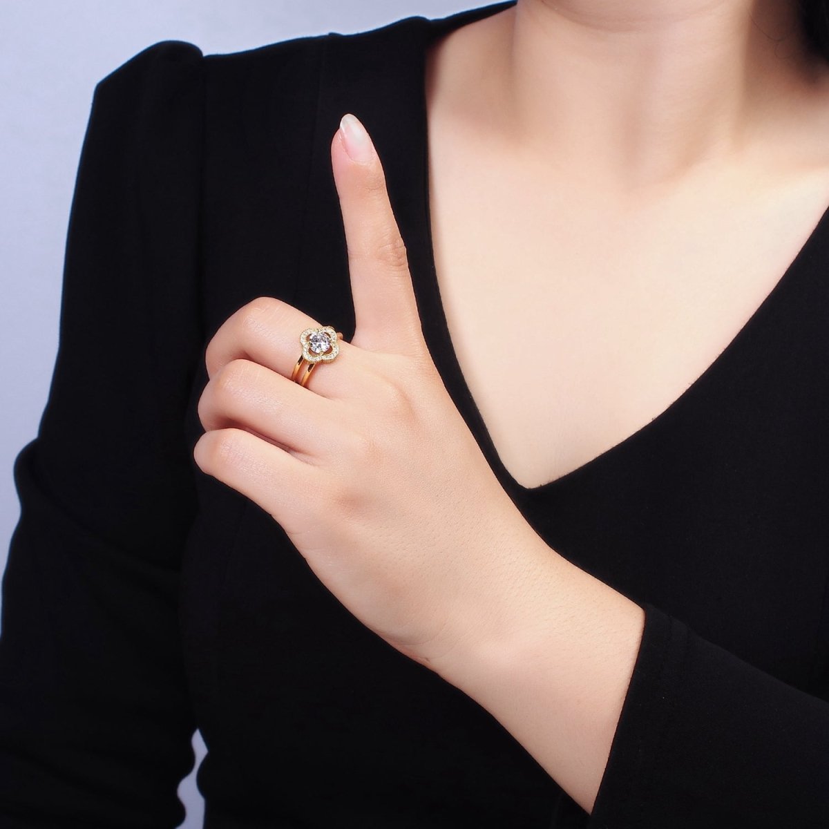 14K Gold Filled Clear CZ Micro Paved Quatrefoil Clover Double Band Ring | O-599 - DLUXCA