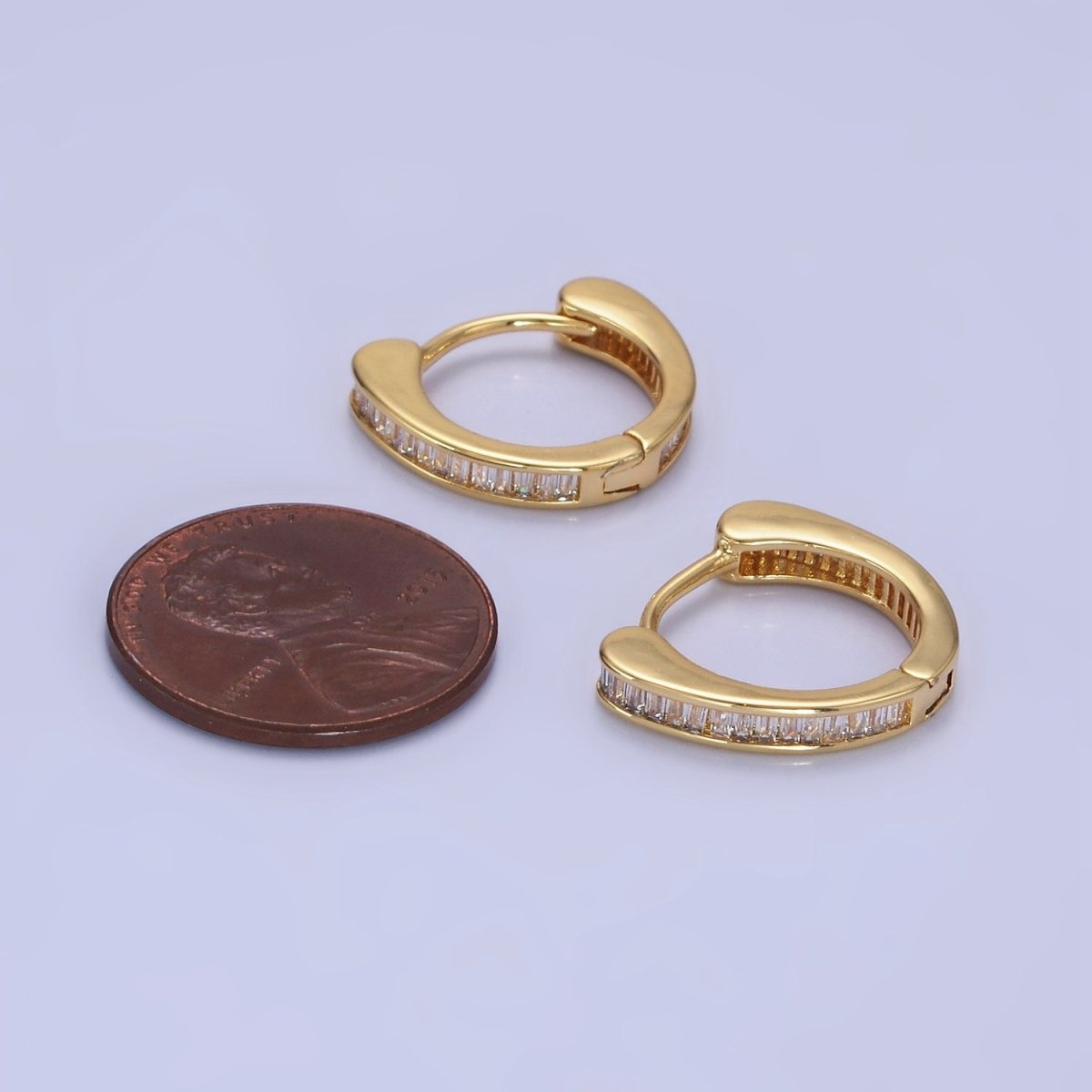 14K Gold Filled Clear CZ Mini Baguette Lined Huggie Earrings | AB1259 - DLUXCA