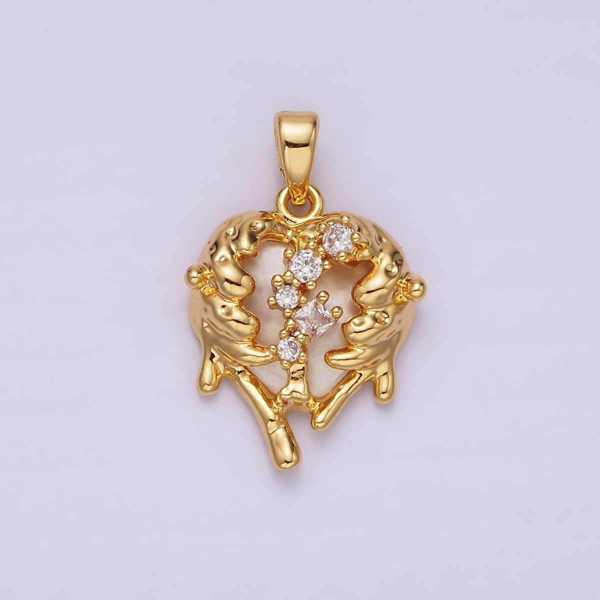 14K Gold Filled Clear CZ Molten Drip Shell Pearl Heart Pendant in Gold & Silver | N1793 N1794