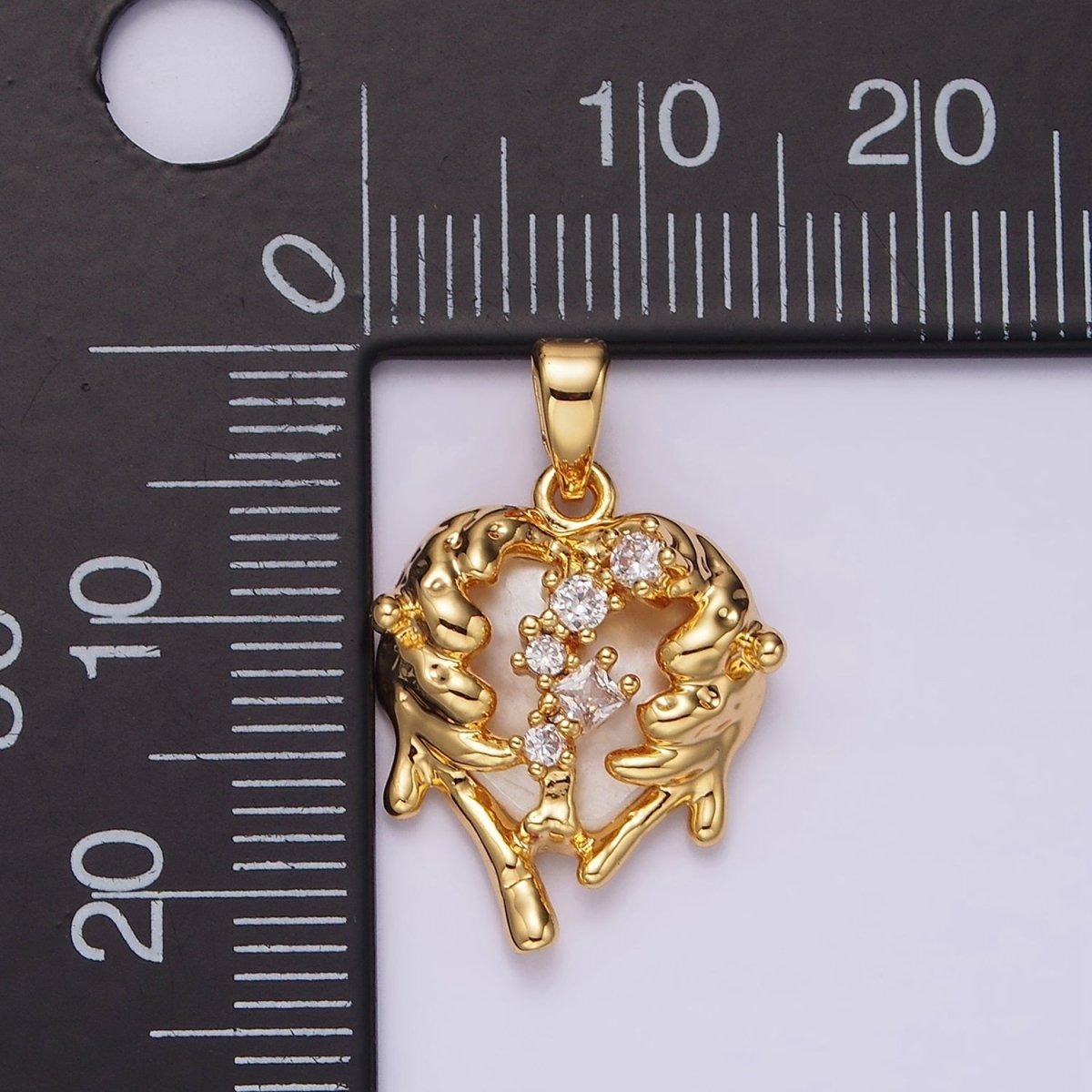 14K Gold Filled Clear CZ Molten Drip Shell Pearl Heart Pendant in Gold & Silver | N1793 N1794
