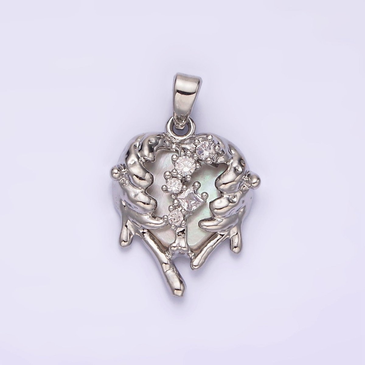 14K Gold Filled Clear CZ Molten Drip Shell Pearl Heart Pendant in Gold & Silver | N1793 N1794