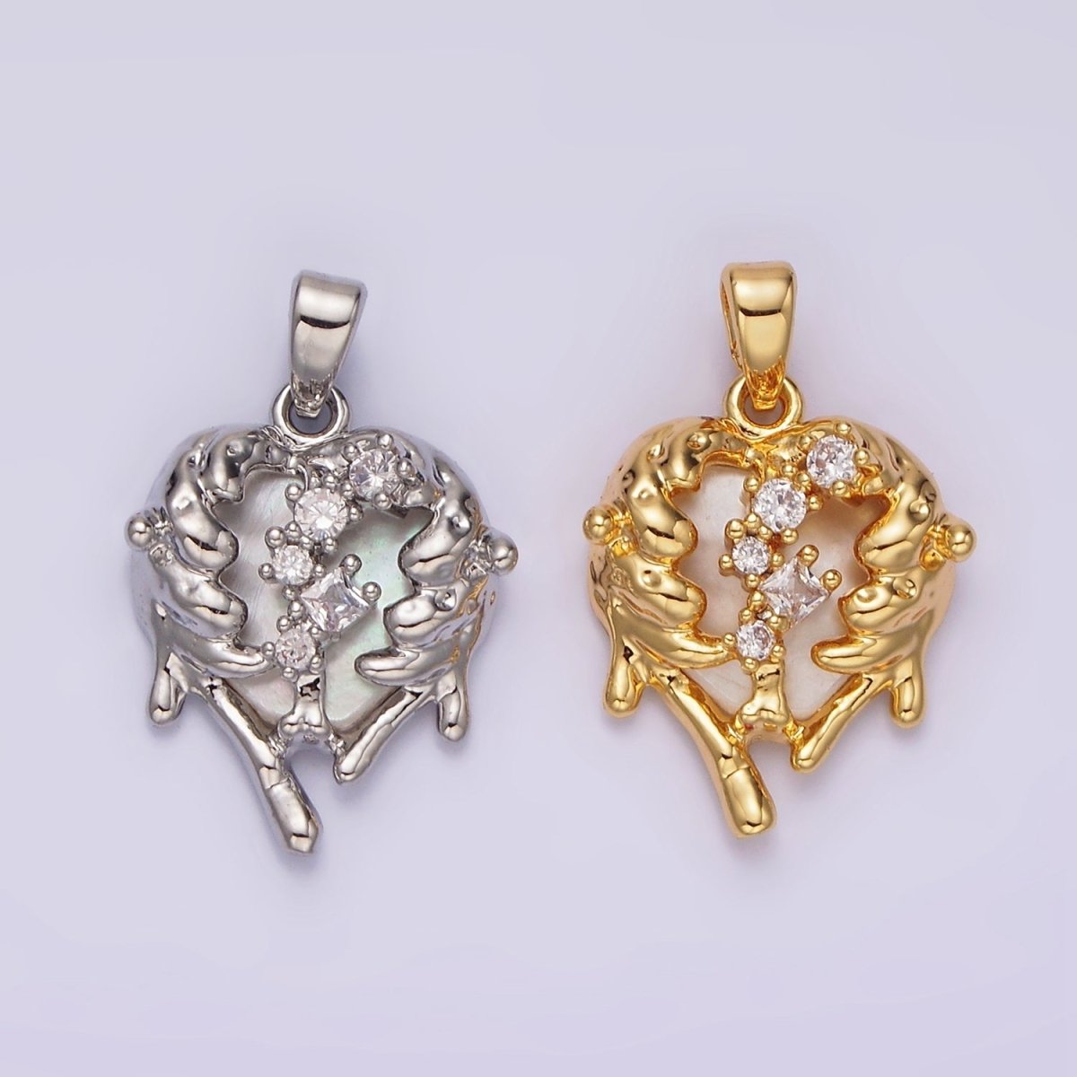 14K Gold Filled Clear CZ Molten Drip Shell Pearl Heart Pendant in Gold & Silver | N1793 N1794