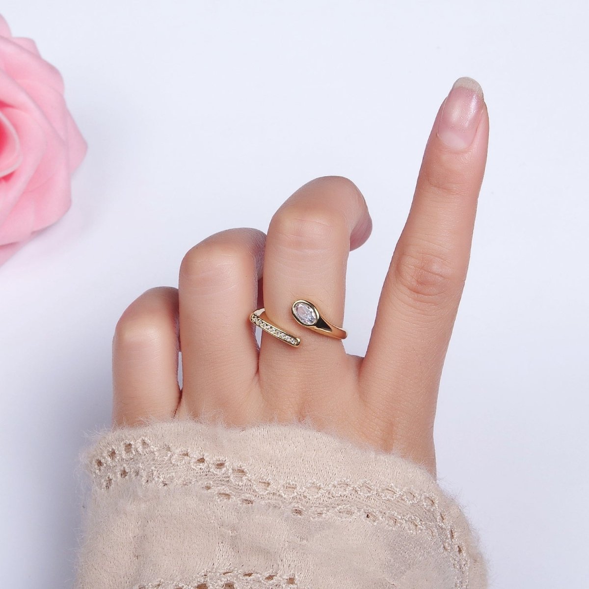 14K Gold Filled Clear CZ Oval Micro Paved CZ Bar Open Ring | O-588