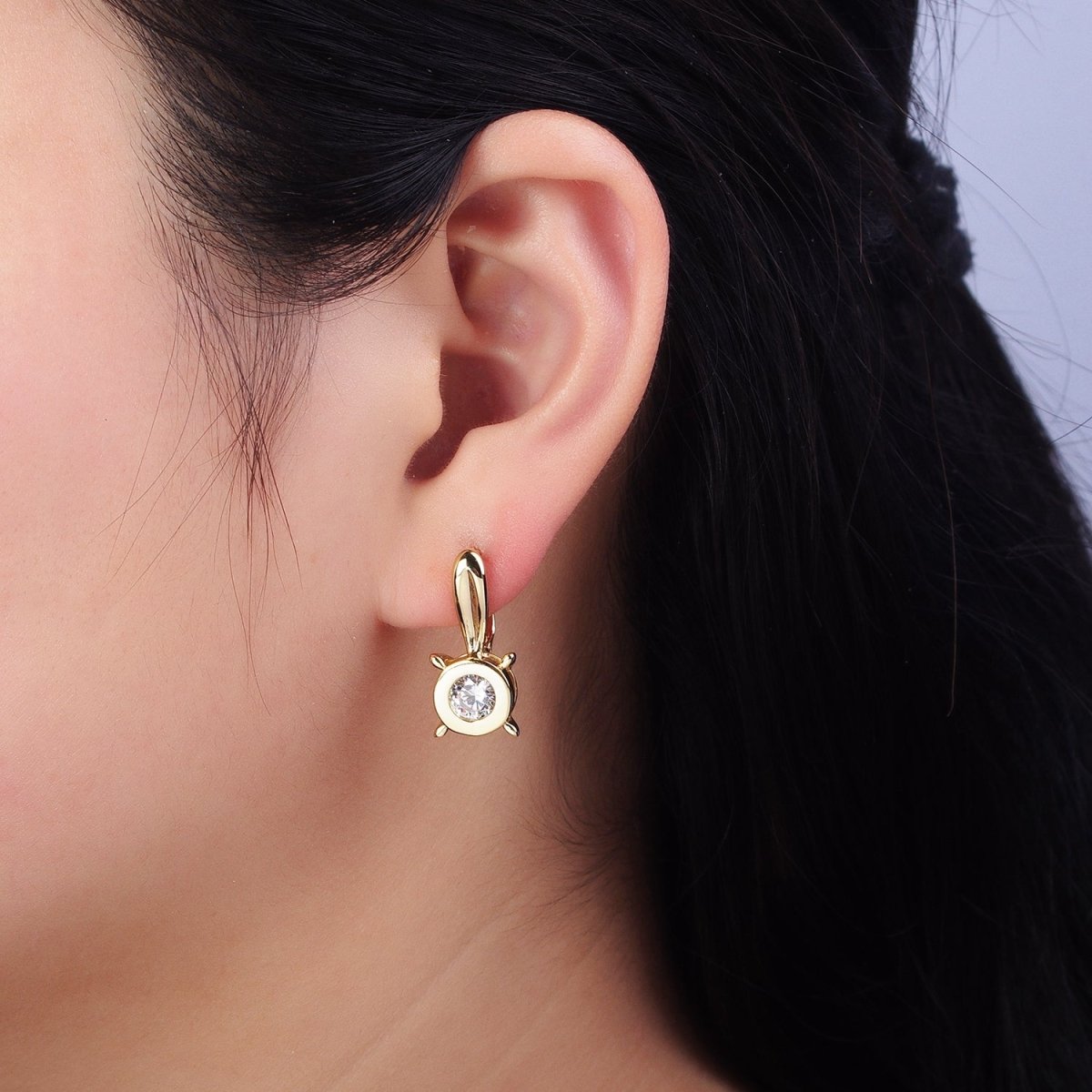 14K Gold Filled Clear CZ Round Bezel Dotted English Lock Earrings | AD1532 - DLUXCA