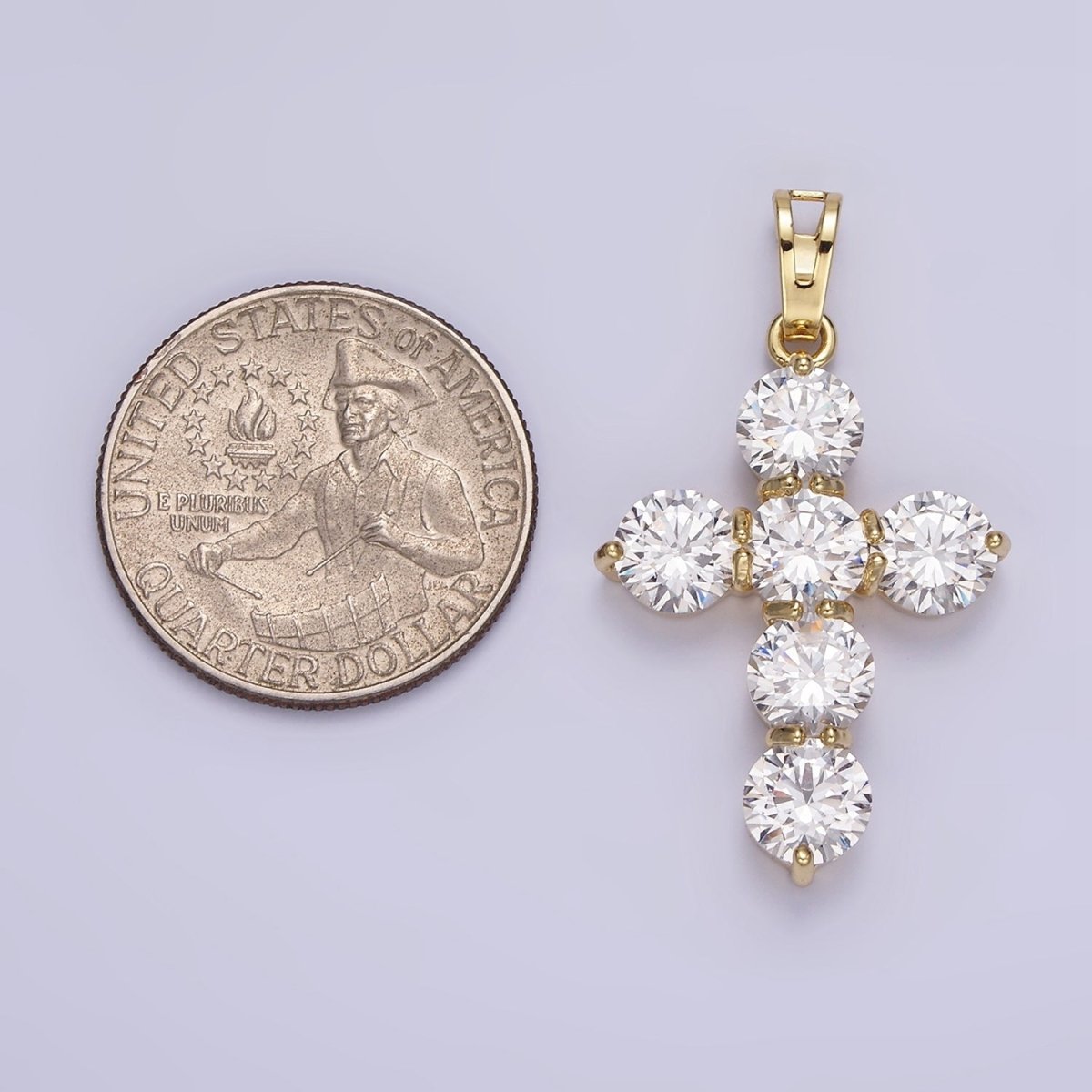 14K Gold Filled Clear CZ Round Lined Religious Cross Pendant in Gold & Silver | AA650